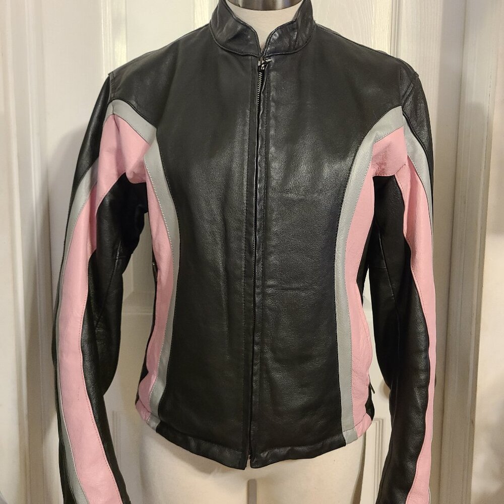 Leather Biker Jacket, Black, Pink, Silver, Motorcycle Jacket, Zip Lining, Size M